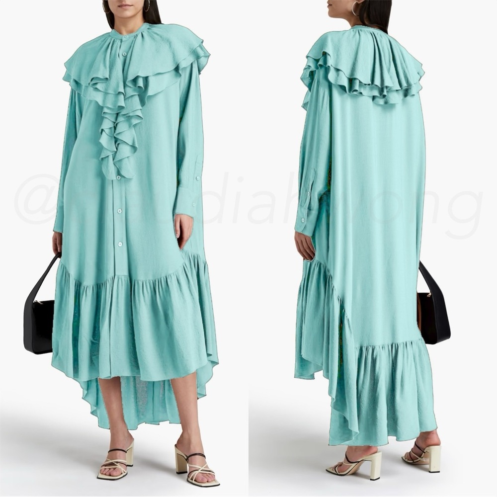 AMI Paris ALEXANDRE MATTIUSSI Ruffle Long Sleeve Midi Dress in Green Aqua